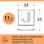 On The Rox Drinks (J-Monogram)- 4 Piece Set of 11 Ounce Engraved Heavy Base Rocks Glasses- Quality Elegant Glass-Multi-Purpose Beverage-Rocks Glass- Gift for any Occasion