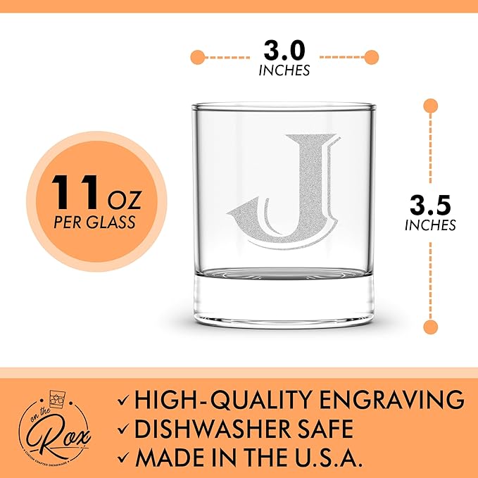 On The Rox Drinks (J-Monogram)- 4 Piece Set of 11 Ounce Engraved Heavy Base Rocks Glasses- Quality Elegant Glass-Multi-Purpose Beverage-Rocks Glass- Gift for any Occasion