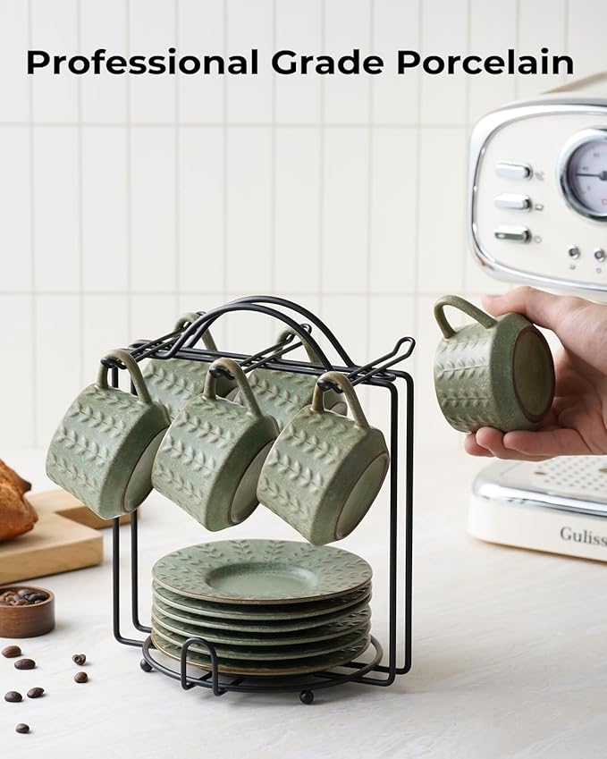 Espresso Cups Set of 6, 4 oz Demitasse Cups with Saucer and Metal Stand Small Coffee Cup Set, Porcelain Cappuccino Cups for Latte, Cafe Mocha and Tea, Green