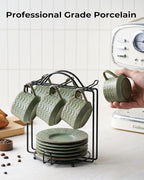 Espresso Cups Set of 6, 4 oz Demitasse Cups with Saucer and Metal Stand Small Coffee Cup Set, Porcelain Cappuccino Cups for Latte, Cafe Mocha and Tea, Green