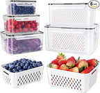 6 PCS Large Fruit Containers for Fridge - Leakproof Food Storage Containers with Removable Colander - Dishwasher & Microwave Safe Produce Containers Keep Fruits, Vegetables, Berry, Meat Fresh longer