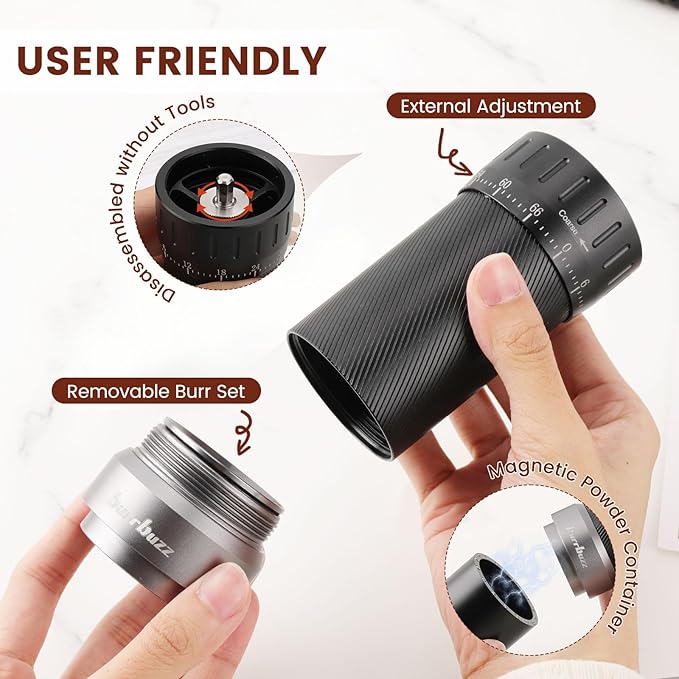 MB2 Manual Coffee Grinder with Carrying Case, External Adjustment, 35g Large Capacity Stainless Steel Burr Grinder, Magnetic Catch Cup, Good for Travel, Camping & Storage components, All-Round Grinder