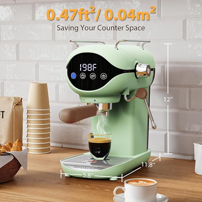 Espresso Machine with Steam Milk Frother Semi Automatic 20 Bar Compact Green with Touch Screen for home Cafetera Espresso, Latte, Cappuccino, Americano, Macchiato