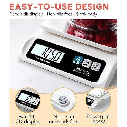BOMATA 0.1g/ 13lb Food Scale, USB Rechargeable, Digital Kitchen Scale with Removable Stainless Steel Pan, Backlit LCD Display, for Cooking, Baking B621 White