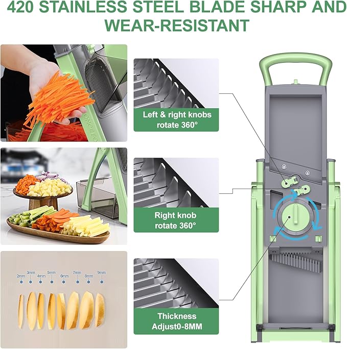 2025 [All in 1] Upgraded Version Safe Mandoline Slicer for Kitchen, Adjustable Thickness. Detachable Blade, Veggie Slicer, Rapid Prep Mandoline, with Cleaning Brush/Paring Knife (MatchaGreen)