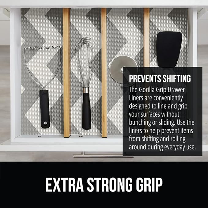 GORILLA GRIP powerGRIP Drawer Shelf and Cabinet Liner, Thick Strong Hold, Non-Adhesive Liners Protect Kitchen Cabinets and Cupboard, Bathroom Drawers, Easy Install, Breathable Mat, 12" x20', Chevron
