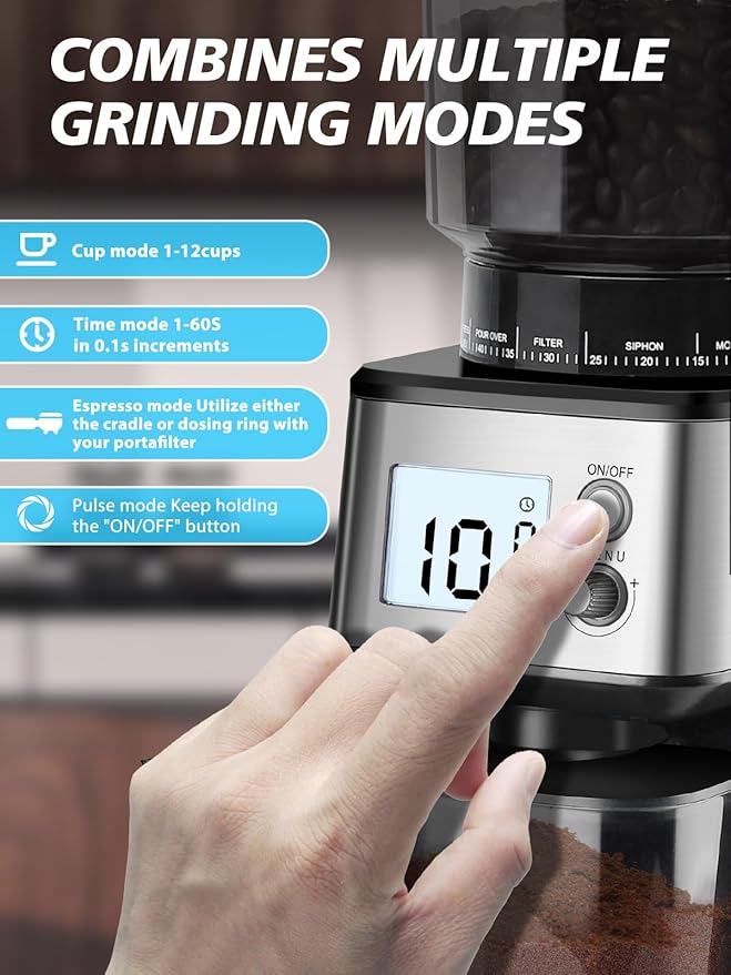 Homtone Conical Burr Espresso Coffee Grinder, 51 Precise Settings, Electric Mill with Portafilter Holder, 2-12 Cups Adjustable, Anti-static, Stainless Steel, 120V