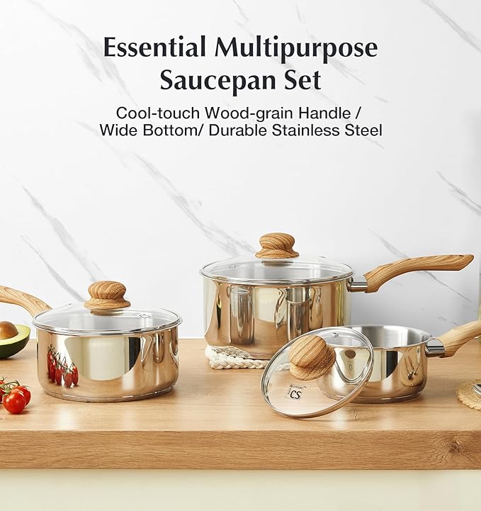 KOCH SYSTEME CS Stainless Steel Pots, 6 Piece Sauce Pan Set with Lids, 1QT, 2QT, 3QT Stainless Steel Saucepan with Cool-Touch Handles, 5-layers Base Pots, Induction Compatible Sauce Pan, Pot Set