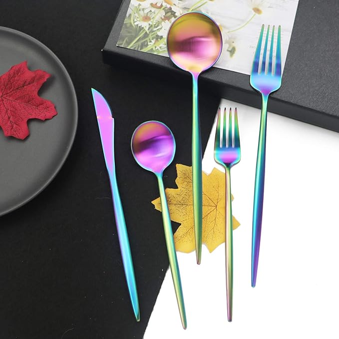 JASHII Luxury 18/10 Rainbow Flatware Set - 304 Stainless Steel Colorful Cutlery - 5-Piece Adaline Royal Modern Satin Finish for Birthday, Wedding (Matte)
