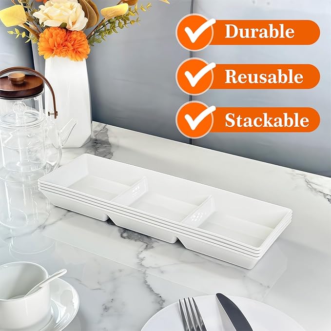 Divided Serving Tray Platter, 3 Pack 15" x 5" Fruit Veggie Food Tray for Party, Plastic Serving Trays for Appetizer, Snack, Dessert, Cookie, Brunch Decorations Platters, White Trays BPA-Free