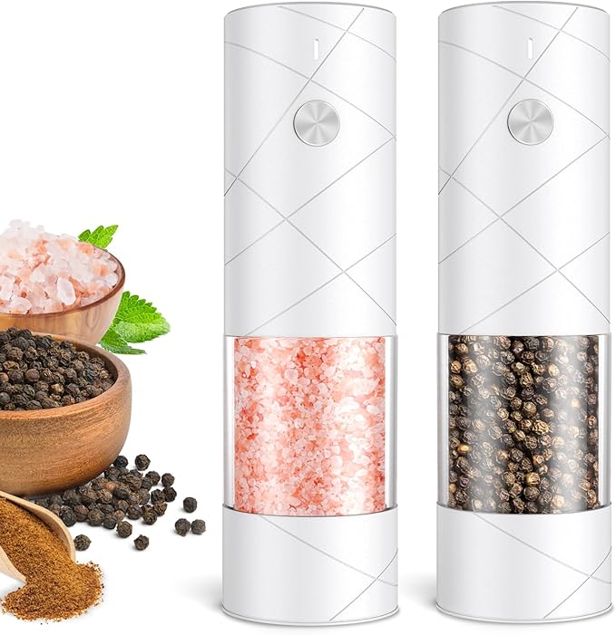 Electric Salt and Pepper Grinder Set, Rechargeable Automatic Pepper Mill Grinder with LED Light, Adjustable Coarseness shakers, One-Hand Operation for Kitchen(2 Pack, Upgrade White+White)