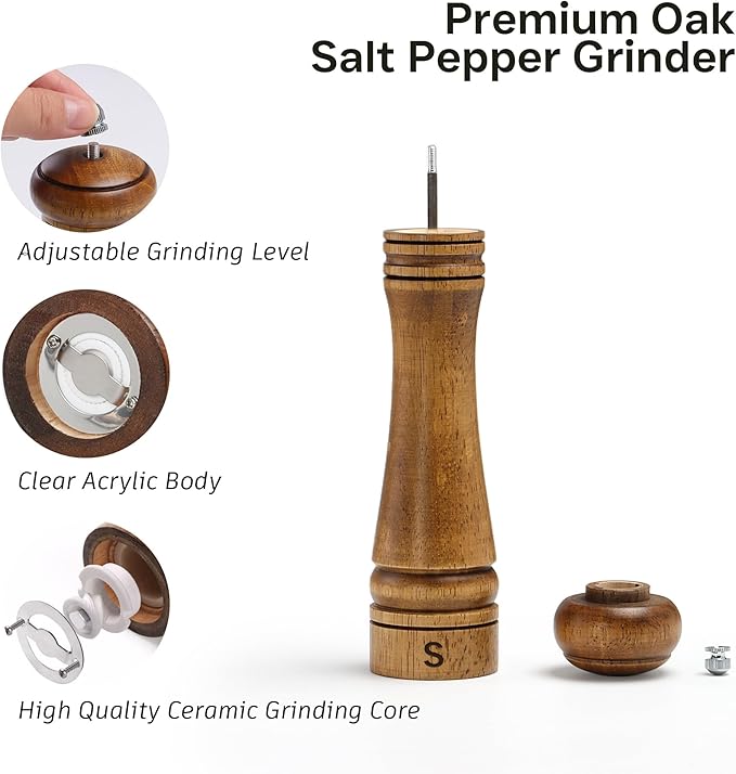 Wooden Salt and Pepper Grinder Set, Premium Oak Wood Salt Grinders Shakers, Pepper Mill with S and P Engraving, Adjustable Ceramic Grinder – 10 inches, 2 Pack
