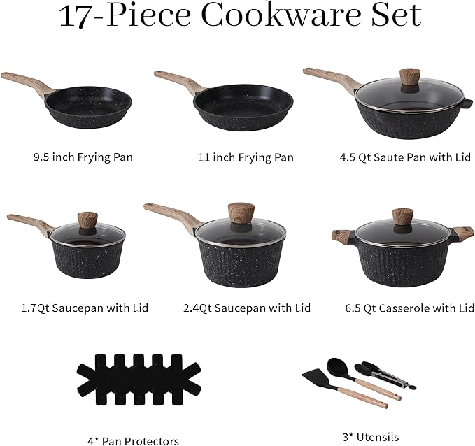 Pots and Pans Set Non Stick, 17Pcs Kitchen Cookware Sets, Granite Stone Induction Cookware Non Stick Cooking Set w/Frying Pans, Saucepans, Sauté Pan (PFOA Free), Black