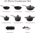 Pots and Pans Set Non Stick, 17Pcs Kitchen Cookware Sets, Granite Stone Induction Cookware Non Stick Cooking Set w/Frying Pans, Saucepans, Sauté Pan (PFOA Free), Black