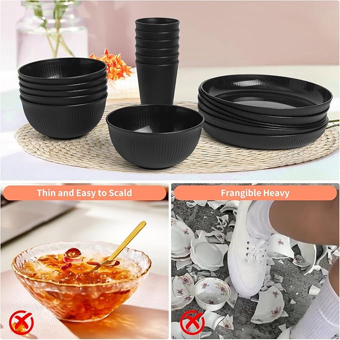 36 pcs Wheat Straw Dinnerware Sets, DAPIPIK Unbreakable Reusable Dinnerware Set, Kitchen Cups Plates and Bowls Sets Dishwasher Microwave Safe Plates (Black)