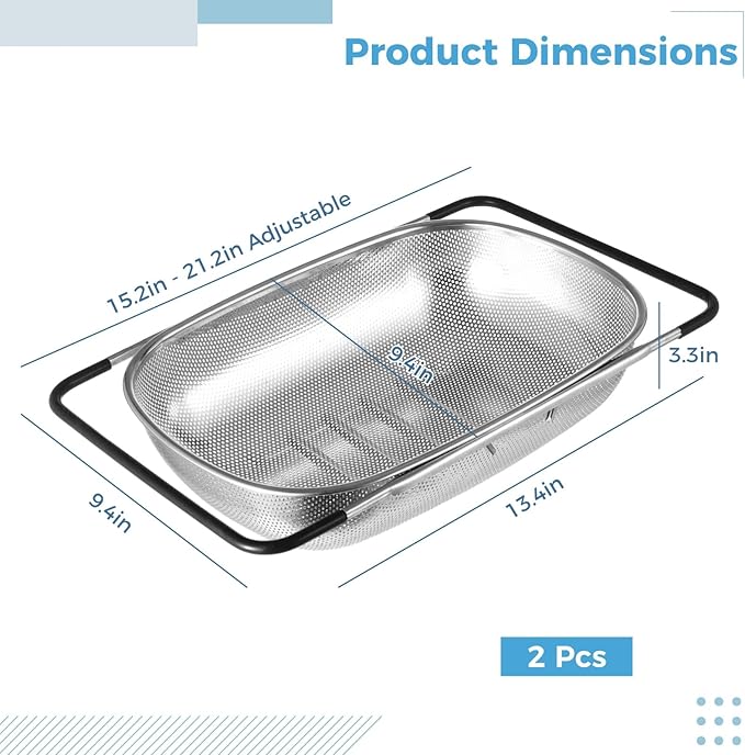 2 Pcs Over the Sink Colander, Strainers and Colanders for Kitchen Sink Strainer Basket with Expandable Handles Stainless Steel Strainer,Pasta Vegetable Food Fruit Strainer