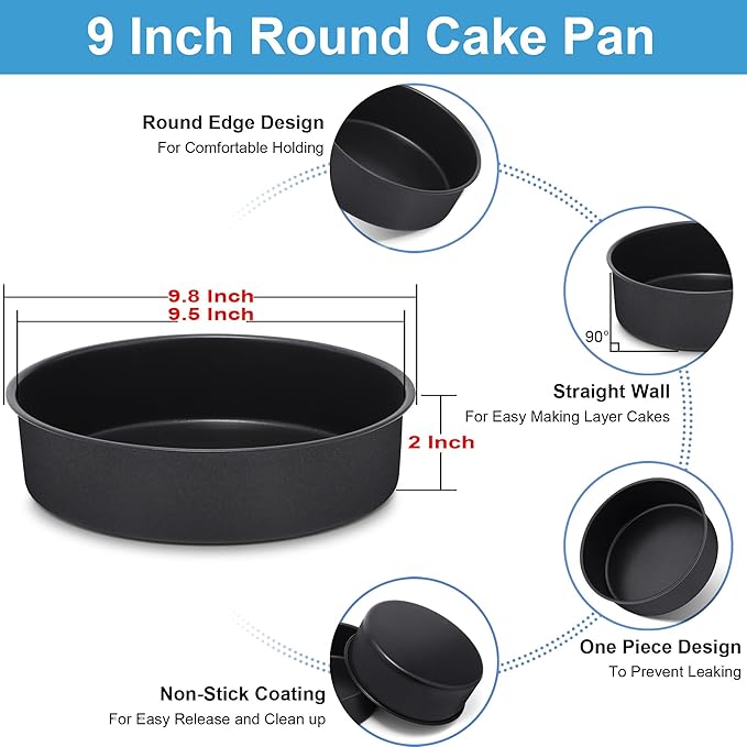 TeamFar 9½ Inch Cake Pan Set of 3, Layer Round Baking Cake Pans for Birthday Wedding Party, Stainless Steel Core & Black Nonstick Coating, Healthy & Heavy Duty, 2 Inch Deep & Easy Clean
