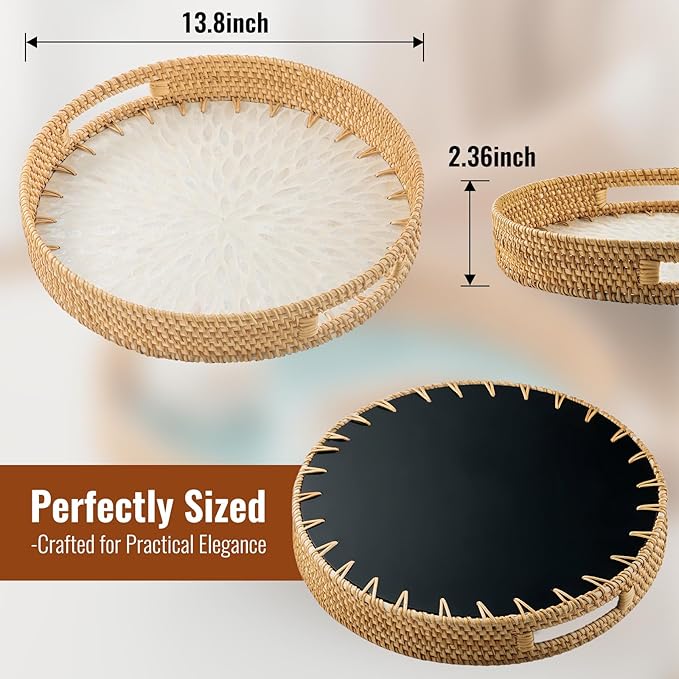13.8 in Round Rattan Serving Tray with Handle, Mother of Pearl Inlay Wooden Base, Decorative Wicker for Table, Kitchen Island & Home Decor (White Leaf)