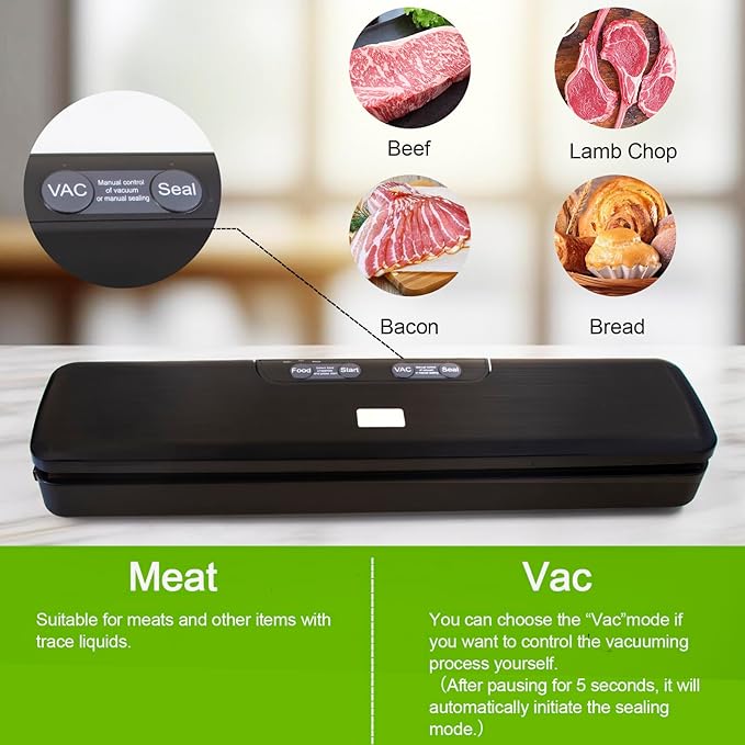 Flyfox Vacuum Sealer Machine - Strong, Multi-functional, and Fast Compact for Multi Food Storage with Low Noise, includes Vac, Sealer, Meat, Dry, Soft, 5 Modes with Vacuum Seal Bags, Black