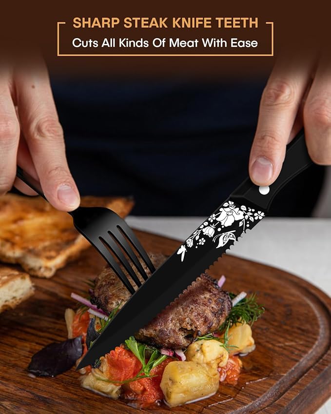 EUIRIO 48 Pieces Royal Black Silverware Set for 8, Retro Gorgeous Flatware Set with Steak Knives, Premium Stainless Steel Vintage Cutlery Set with Forks Spoons and Knives, Dishwasher Safe