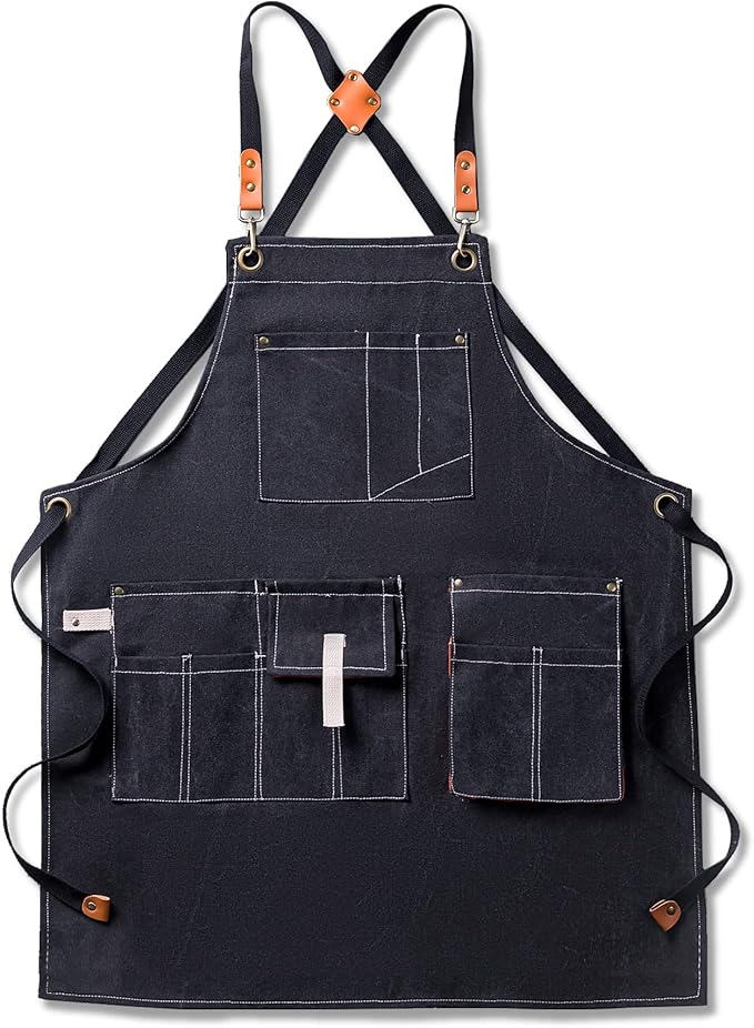 Canvas Aprons for Men Chef Apron, Work Apron with Large Pockets - 16oz Heavy Duty Cross Back, BBQ, Cooking