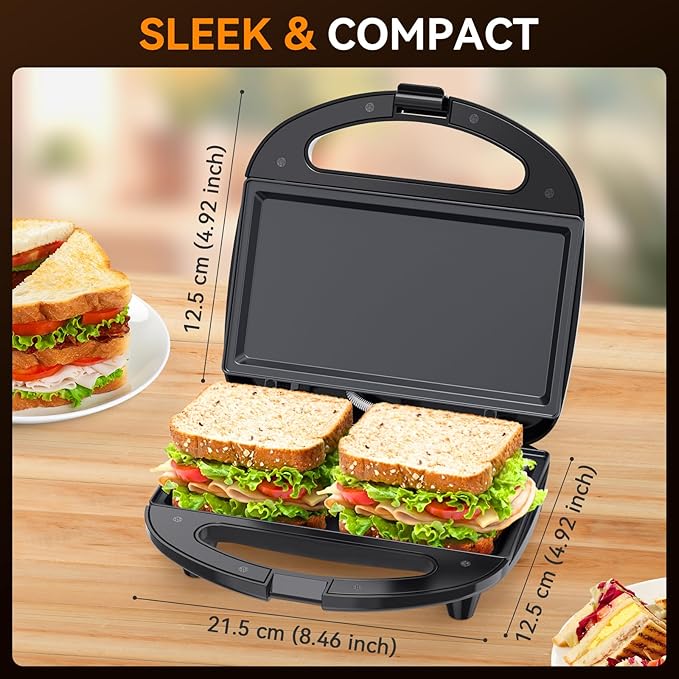 OSTBA Sandwich Maker, 2 Slice Grilled Cheese Maker with Non-stick Flat Plates, Indicator Lights, Cool Touch Handle, Easy to Clean and Store, 750W