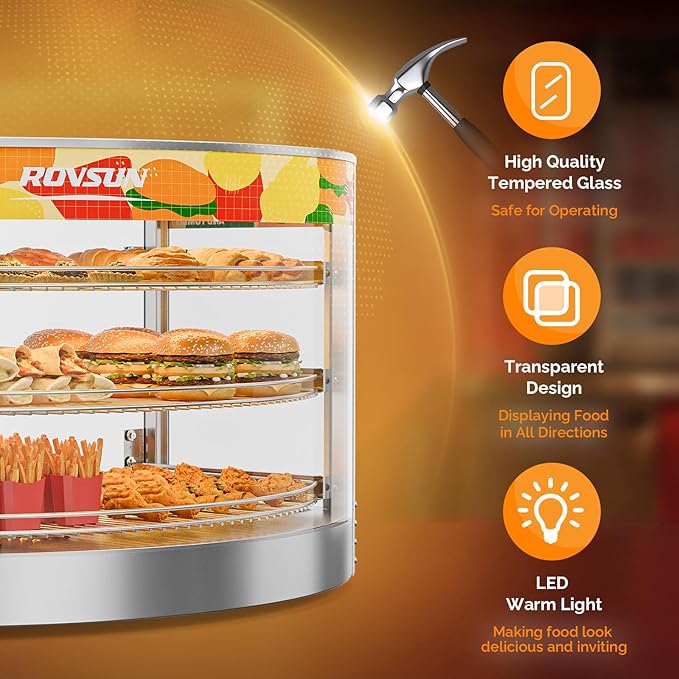 ROVSUN Food Warmer Pizza Warmer Countertop, 3-Tier Commerical Food Warmer Display with LED Lighting Removable Shelves Glass Door, Pretzel Warmer for Buffet Restaurant Cafe, 110V 800W