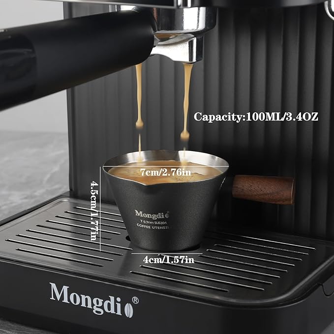 Mongdio Espresso Measuring Cup, Stainless Steel Espresso Shot Cups with Wooden Handle and Double Spouts, 3.4OZ/100ML, Black