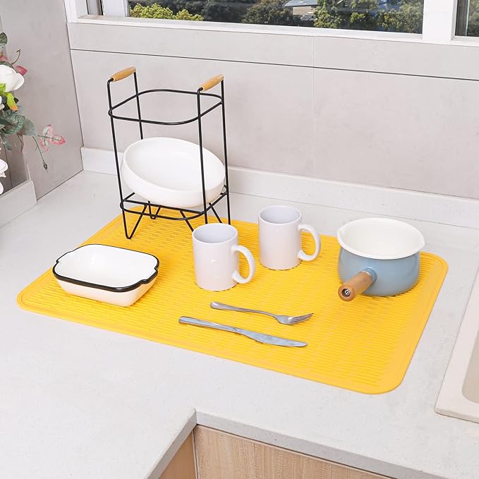 Silicone Dish Drying Mat for Multiple Usage,Easy clean,Eco-friendly,Heat-resistant Silicone Mat for Kitchen Counter or Sink,Refrigerator or Drawer Liner Yellow 3XL 28 inches x 18 inches