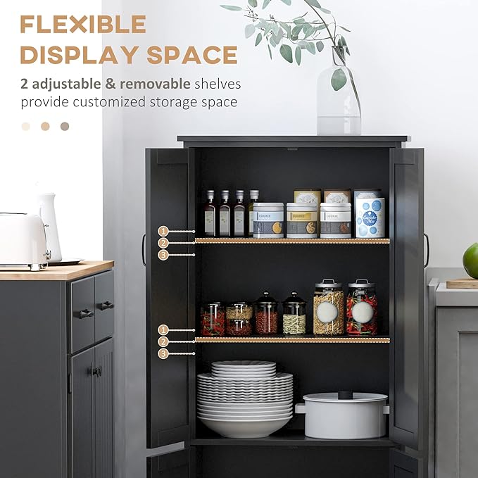 HOMCOM 48.5" Kitchen Pantry Cabinet with 2 Adjustable Shelves and 4 Beadboard Doors, Compact Farmhouse Kitchen Storage Cabinet for Dining Room, Black