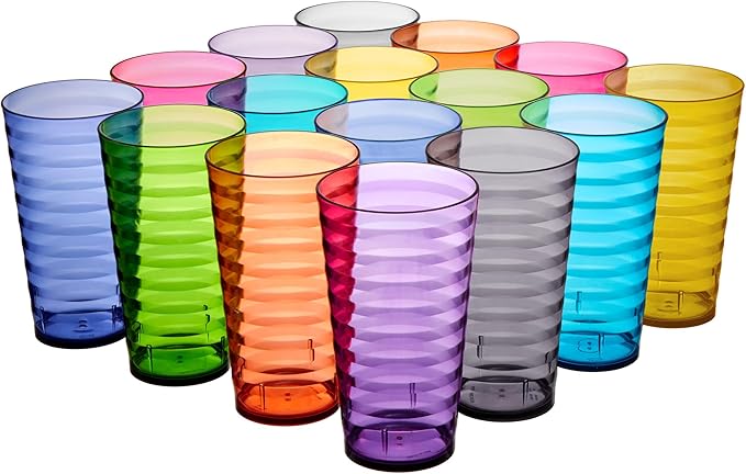 US Acrylic Splash [Set of 16] 18 ounce Plastic Stackable Water Tumblers in Jewel Tone Colors Value Set of Drinking Cups, Reusable, BPA-free, Made in the USA, Top-rack Dishwasher Safe