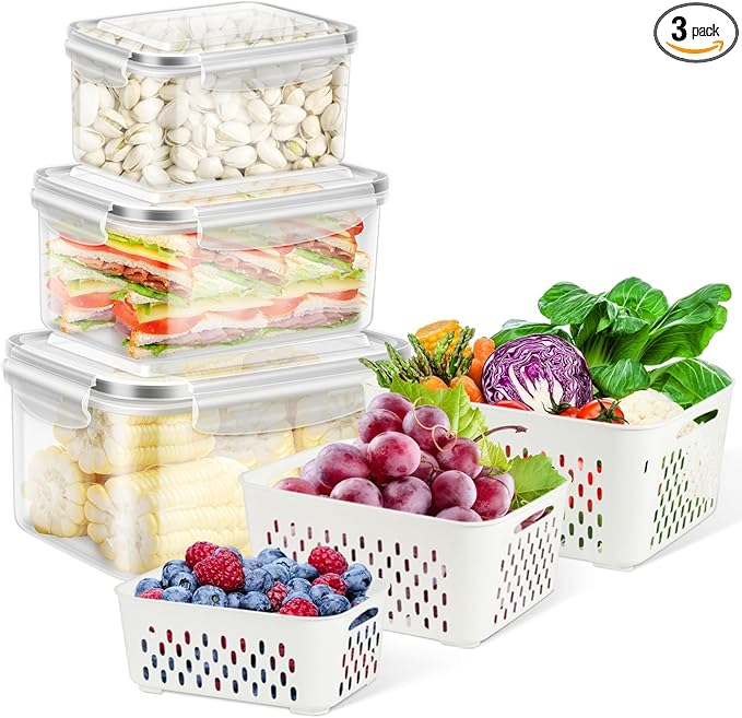 TBMax Fruit Storage Containers for Fridge, 6 Pcs Produce Saver with Colander for Rinsing, Berry Containers Lettuce Keeper Refrigerator Organizers Airtight Food Storage with Lid