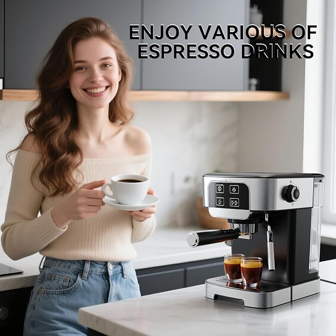 TEM612 Espresso Machine 20 Bar with Steam Milk Frother, Stainless Steel Coffee Machine with Removable Water Tank for Cappuccino,Latte, Compact Stainless Steel Coffee maker for home