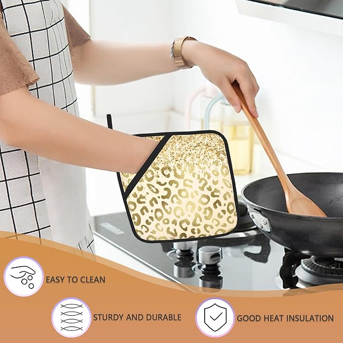 Yellow Leopard Pot Holder Set of 2,Sparkling Glitter Kitchen Heat Resistant Potholder for Women Men BBQ Cooking Baking