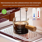 YARRAMATE 3.4oz Espresso Cups with Wood Handle, Clear Glass Espresso Accessories, Double Spout Measuring Cup with Dual Scale, Espresso Shot Glass with V-Shaped Spout