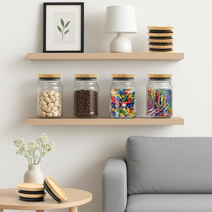 8 Pack Bamboo Regular Mouth Mason Jar Lids Canning Supplies Small Mouth Mason Jars Tops Accessories Decorative Reusable Wooden Silicone Canning Lids Glass Cups with Wood Airtight Lid for Jar Covers