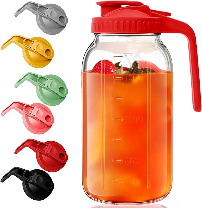 Glass Mason Jar Pitcher - 64 oz/2 Quart Wide Mouth Jug with Lid and Pour Spout, Airtight Seal, Leak Proof Iced Tea Pitcher for Sun Tea, Juice, Breast Milk, Cold Beverages, Coffe