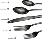 Floral 40 Pcs Black Silverware Set for 8, Food Grade Stainless Steel Flatware Set with Rose Flower Embossed Design, Eating Utensils Sets Include Fork/Knife/Spoon, Reusable Cutlery Set, Dishwasher Safe