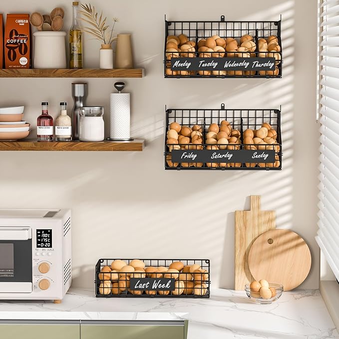 keomaisyto Egg Holder Countertop with 5 Dividers & DIY Nameplate to Separate Eggs, 3 Tier Stackable Wire Storage Baskets for Gathering Fresh Eggs, XXL Large Egg Rack, Wall-Mounted (Patent Pending)