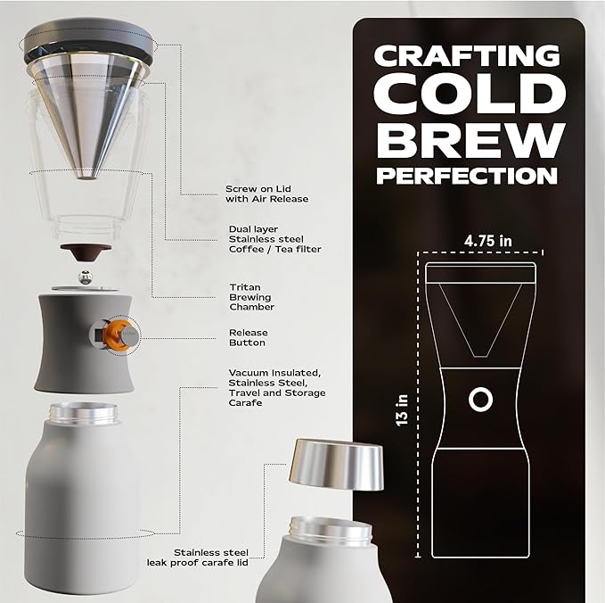 asobu Cold Brew Coffee Maker, Award-Winning 40oz Insulated Cold Brew Brewer with Portable Stainless Steel Carafe – No.1 Europe Coffee Fest Winner, Leakproof, BPA-Free, Keeps Cold 24H
