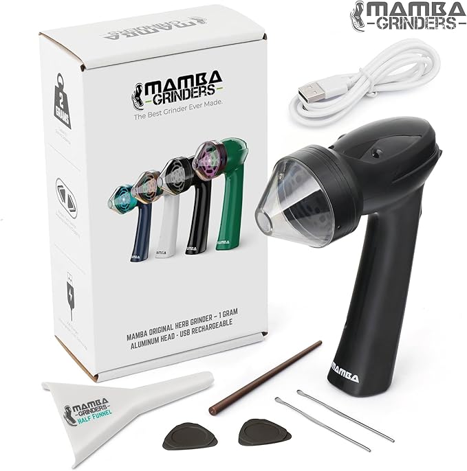 Mamba Original 1g Black USB Electric Herb Grinder with Color Box. Small Portable Metal Herbal Machine & Spice Mill for the Kitchen