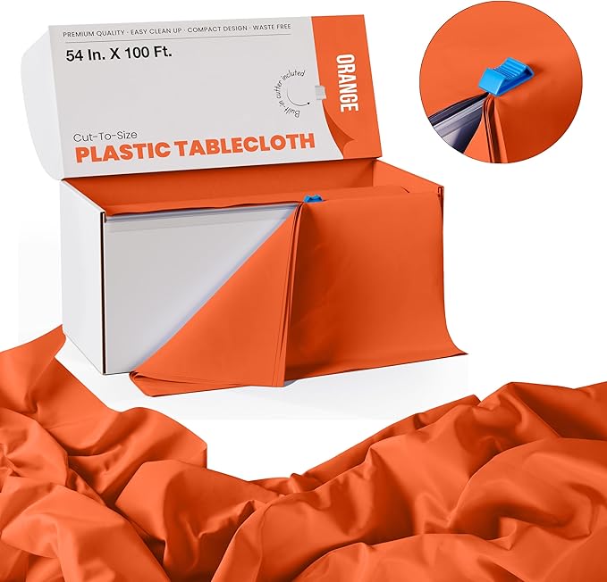Exquisite Party Solids 54 Inch X 100 Feet Orange Plastic Table Cover Roll in A Cut - to - Size Box with Convenient Slide Cutter. Cuts Up to 12 Rectangle 8 Feet Plastic Disposable Tablecloths