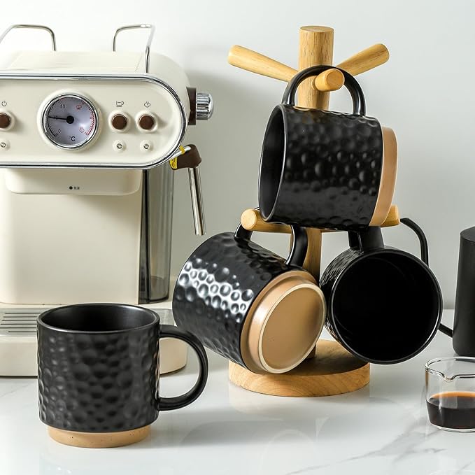 Nihow 16OZ Stackable Coffee Mug Set, Large Ceramic Coffee Mug Set of 4,Coffee Cup Set for Cappuccino/Latte/Cocoa,Dishwasher & Microwave Safe, Matte Black