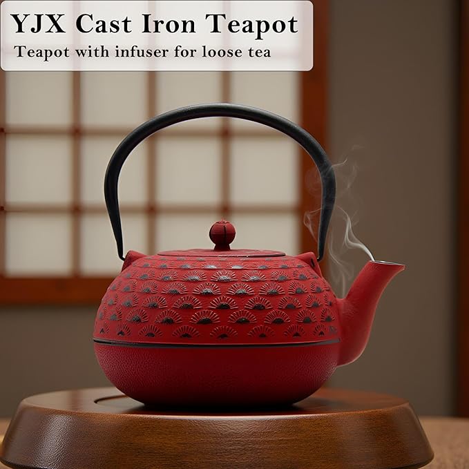 YJX 60.9 fl oz Cast Iron Teapot, Large Tea Kettle for Stove Top, Red Tea Pot with Stainless Steel Infuser for Loose Tea, 1.8L Japanese Enameled Metal Teapot