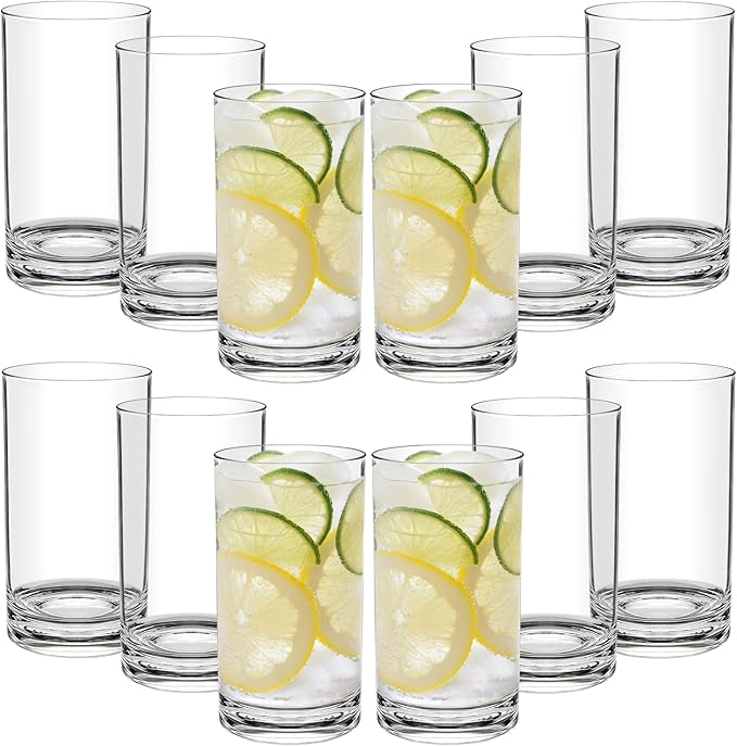 17 Oz Plastic Tumblers Set of 12, Clear Plastic Drinking Glasses, Plastic Cups Reusable, Highball Glasses Drinking Set for Kitchen Poolside Patio,Dishwasher-Safe, Shatterproof, BPA-Free