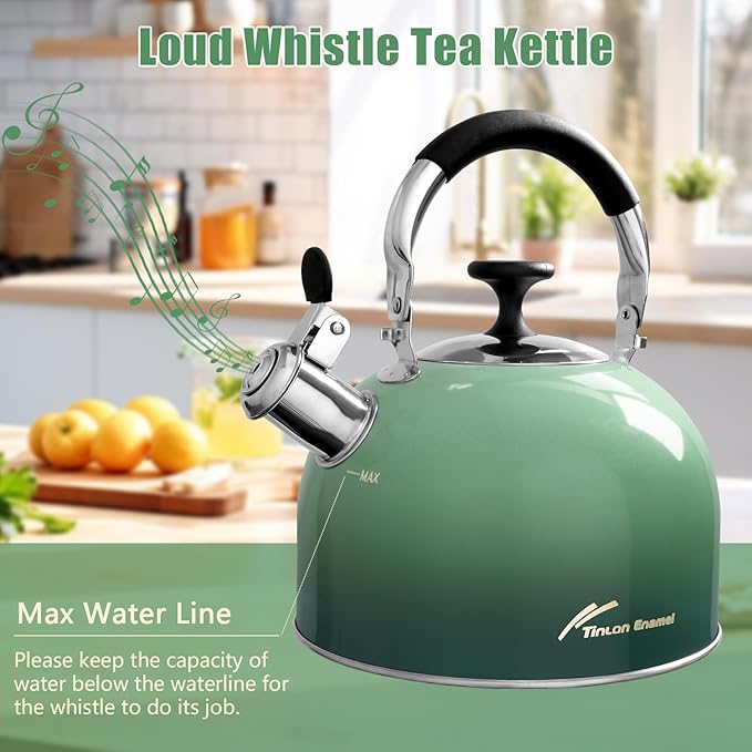 Tea Kettle Stovetop,Stainless Steel Whistling Tea Kettle For Stove Top, 2.5 Qt Tea Pot With Folding Handle, Food Grade Water Teapot Water Kettle For Stove Home Camping Travel,Gradient Green