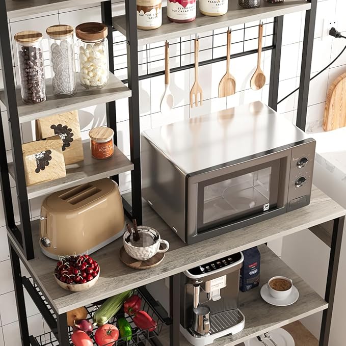 Bakers Rack with Power Outlet, 7-Tier Microwave Stand with Wire Basket, Coffee Bar with 4 s-Shaped Hooks, Kitchen Open Storage Shelf Rack for Spices, Pots, Gray