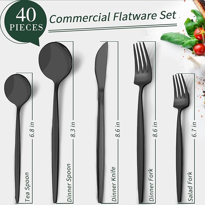 40-Piece Matte Black Silverware Set for 8, CEKEE Stainless Steel Flatware Cutlery Set, Cutlery Kitchen Utensils Set for Home Restaurant Apartment, Include Knife Forks and Spoons Silverware Set