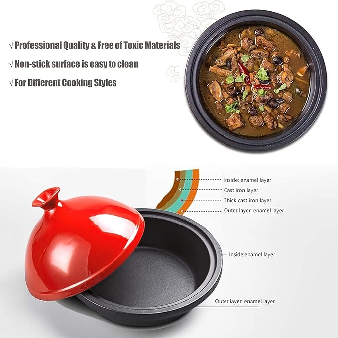 Enameled Cast Iron Tagine Pot - Nonstick Moroccan Casserole Dish for Stews and Slow Cooking - Durable Ceramic Cookware for Home Use