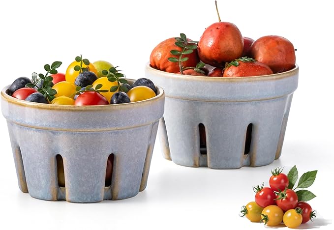Gomakren Ceramic Berry Basket Set of 2, Round Fruit Bowl with Holes, Fruit Storage Containers for Kitchen, Cute Strawberry Basket for Berries, Grape, Cherry, Gray
